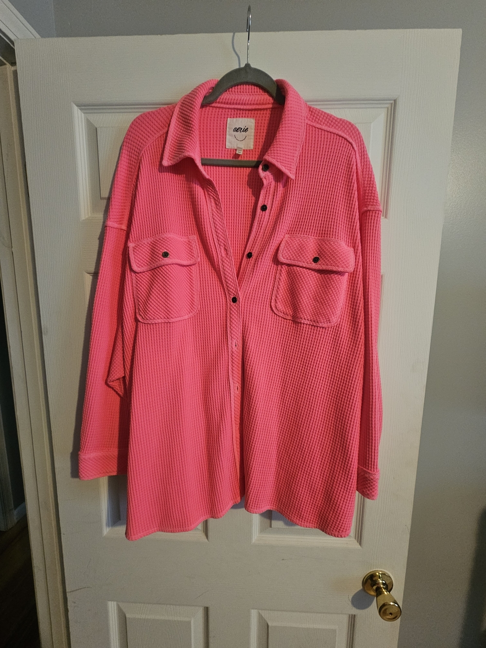 aerie Neon Pink Waffle Knit Button-Front Shirt Jacket